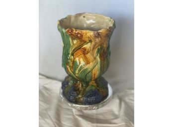 Early Etruscan Majolica Pottery Vessel  Circa 1879 To 1892 Marked AC:24a On The Bottom Green Yellow Brown