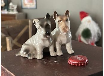 Vintage Bisque Pair Of Bull Terriers- Brown, White, And Black - TRICO Hand Painted- Nagoya Japan, Tashiro-Flaw