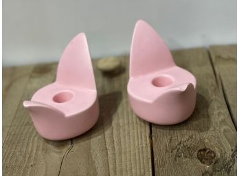Pair Of MCM Vintage Pink Candlestick Holders Tulip, Bubble, Set Of 2