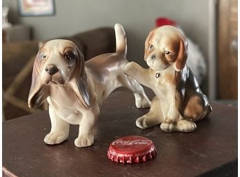Vintage Basset Hound Set Of 2 - Dog Lot - Bisque, Japan - Dog - Puppy With Chain Leash - MCM