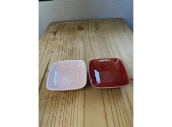 Set Of 2 Vintage Soy Dish Square Key Catchers, Candy Dishes, Burgundy And Pink, MCM, Vintage Pottery, McCoy