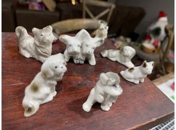 Set Of 7 Bone China Miniature Dogs - Puppies - Made In Japan - Brown And White, Grey, Akita, King Spaniel