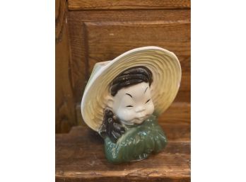 Vintage Royal Copley Wall Pocket Planter, Head, Asian Boy 6.5', Oriental, Geisha With Hat