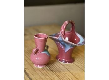 Set Of 2 Chinese Flambe Glazed Vas 2 Handles And Basket 20th Century Purple Aqua Blue Drip Glaze