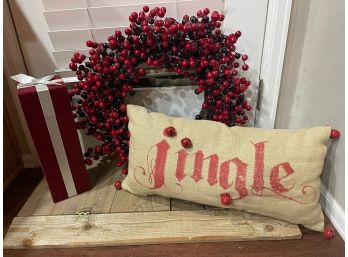 Pottery Barn Christmas Throw Pillow, Wine Gift Box, And Berry Wreath Lot Of 3 MINT
