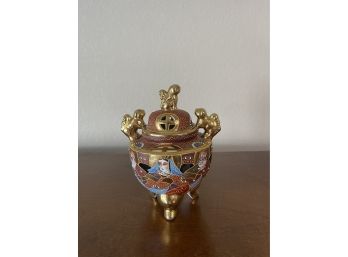 Vintage Hand Painted JAPANESE SATSUMA KORO Incense Burner With Foo Dogs And Guanyin Brown And Gold