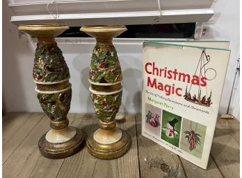 Pair Of Beautiful Christmas Pillar Candle Holders And Vintage Christmas Craft Book MCM With Templates LOT OF 2
