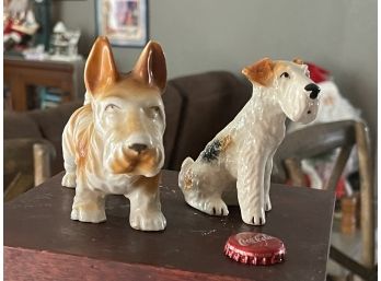 Vintage Lot Of 2  Bisque Terrier Pup Figurine, Miniature Dog, Glass, Brown And White - Japan