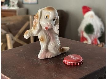Vintage MCM Spaniel Figurine, Bone China, Porcelain - Brown, Pink, White - Paw - Shake