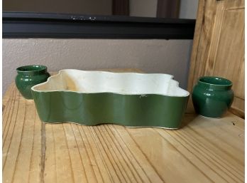 3 Piece Set - MCM Large Emerald Green Planter, Mod Mid, With Set Of 2 Small Planters, Butter Dish, Trinket