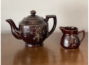 Vintage Hand Painted Redware Brown Betty Tea Pot With Matching Creamer Vessel Brown - Japan