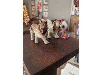 Set Of 2 - Vintage Bone China - Porcelain Miniature Puppies - Made In Japan - Collies White And Brown FLAWS