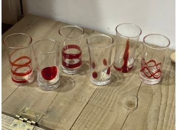 Set Of 6 Shot Glasses, Hand Blown, Red, Pier 1, Red Swirline