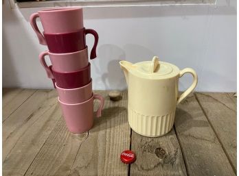 Vintage MCM Hospital Pitcher, Small Table Side Pitcher, Retro Plastic Pitcher, And 6 Cups, Mugs, 1950s
