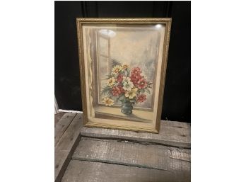Vintage Still Life Lithograph Vase Of Flowers Open Window, Italy, Country Home Decor, Farmhouse Decor, Gift