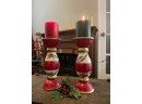 Pair Of Wooden Hand Painted Vintage Pillar Candle Holders Christmas Pine Cones Holly Berries