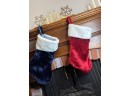 Set Of 2 Fuzzy Vintage Red And Indigo Christmas Stocking And Gold Brass Snowflake Mantle Hooks