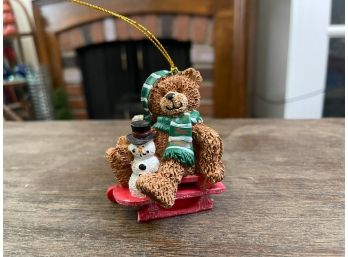 1990s Vintage Teddy Bear Sledding With Snowman Ornament