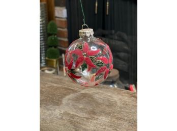 Vintage Christmas Bauble Glass Ball Clear With Flocked Poinsettia Flower