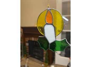Vintage Plique A Jour Stained Glass Christmas Candle Window Ornament Holly Berries
