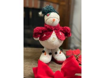 Vintage 12' Standing Snowman Plush Soft Chenille Wintertime 1990s Snowman Slippers Playtime Christmas Red Coat