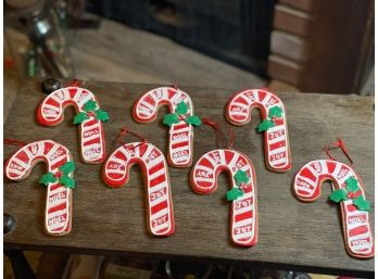 Vintage Polymer Candy Cane Ornaments Joy Sparkle Holly Berry Joy Christmas Set Of 7