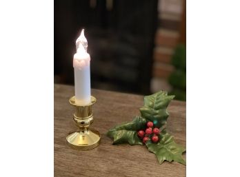 Vintage Brass Candlestick LED Flicker Window Candle Battery Operated Christmas Holiday Tested Working