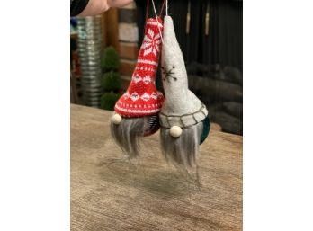 Vintage Pair Of Sanwood Gnome Doll Pendant Christmas Gnome Ornaments Felt Hat Faceless Gnomes Scandinavian