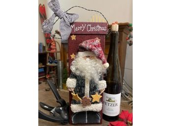 1990s Primitive Country Christmas Wine Gift Box Santa Claus Wine Lovers