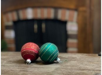 Pair Of Vintage Red And Green With Gold Accents Christmas Baubles Balls Glass
