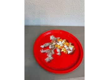Vintage 1950s MCM Holiday Dining Cookie Serving Tray Christmas Theme Litho Print Tray Bells Bow