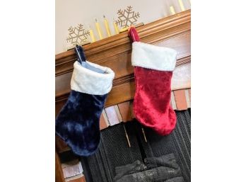 Set Of 2 Fuzzy Vintage Red And Indigo Christmas Stocking And Gold Brass Snowflake Mantle Hooks