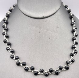 Retro Sterling Silver & Black Beaded Necklace