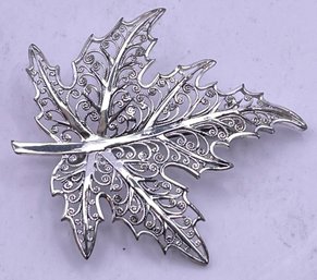 Vintage Sterling Silver Filigree Leaf Brooch