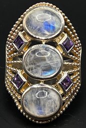 Delightful Sterling Silver Statement Ring With Rainbow Moonstones And Amethyst Size 8.5