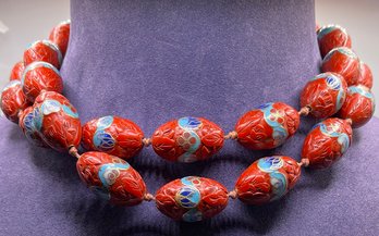 Vintage Chinese Cinnabar And Cloisonne Egg Shaped Necklace