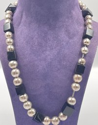 Chunky Mid Century Sterling And Onyx Necklace