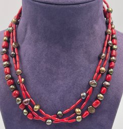 Red Coral Pearl And Sterling Silver Jay King Necklace