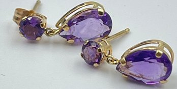Gorgeous 14k Yellow Gold And Amethyst Tear Drop Earrings
