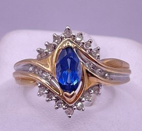 Genuine Diamonds And Blue Sapphire Gold Ring