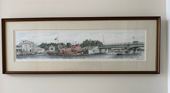 Illegibly Signed Boston Waterway Color Lithograph With Tugboat