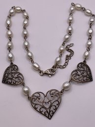 Romantic Sterling Silver And Pearl Heart Necklace