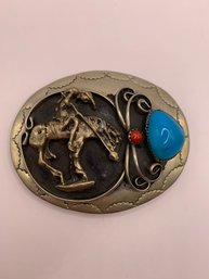 Vintage Silver Turquoise Coral Native American Buckle