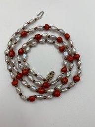 Vintage Lustrous Pearl And Red Coral Necklace 14kt