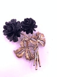 Vintage Hand Carved Black Rose Sterling Brooch