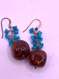 Genuine Amber And Turquoise Sterling Earrings
