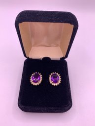 Elegant Amethyst And Diamond 14kt Gold Earrings