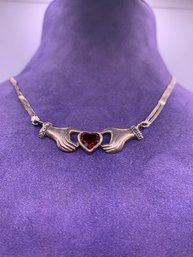 Vintage Sterling Silver Garnet Heart Hands Necklace
