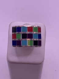 Multi Stone Inlaid Sterling Silver Ring