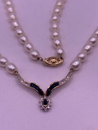 Classic Pearl 14kt Gold Sapphire Diamond Necklace